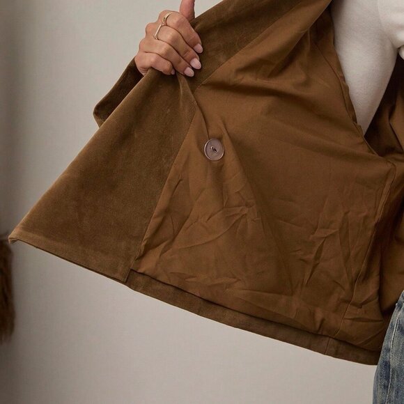 Brown Women's Casual faux Suede Long-Sleeve Belted mini Trench Coat - Picture 7 of 8